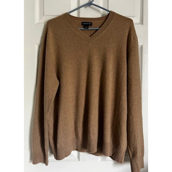 LANDS END men’s Cashmere Sweater tan XL long sleeve luxe knit camel - Picture 1 of 5